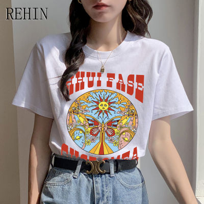REHIN เสื้อยืดคอกลมแขนสั้นสำหรับผู้หญิง,เสื้อยืดแขนสั้นทรงหลวมลำลองพิมพ์ลายดอกทานตะวันสไตล์เกาหลีแบบใหม่แฟชั่นฤดูร้อน