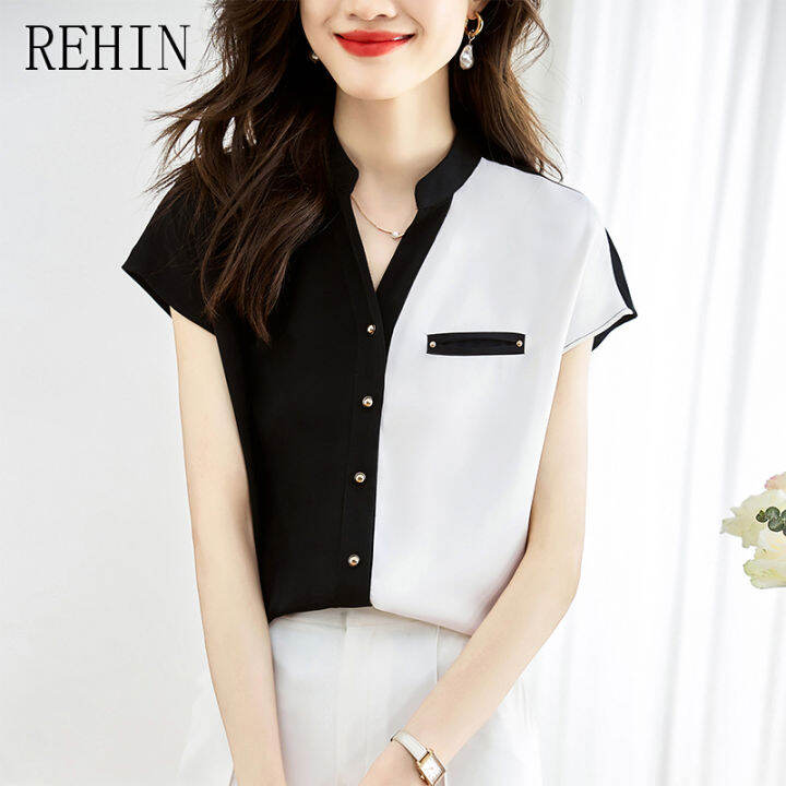 rehin-เสื้อเบลาส์แขนสั้นผ้าชีฟองคอวีสำหรับผู้หญิง-เสื้อแฟชั่นใหม่ฤดูร้อน