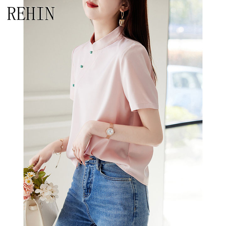 rehin-เสื้อคอสูงแขนสั้นย้อนยุคตรงผ่านหลวมพอดีเสื้อสตรีฤดูร้อน