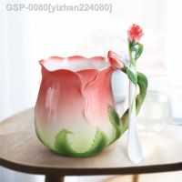 ◎ ► Yizhan224080 Caneca De Café Cerâmica Esmaltada Estilo Eucrativa Em Formato Flor Rosa 4 Cores Pastoral Manhã Copos Leite Com Colher