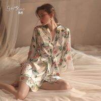 ✹✼ Sexy Printed Comfortable Pajamas Lace-Up Robe Dressing Cardigan Loungewear Suit 19165