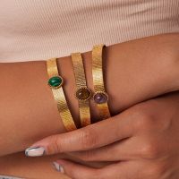 Boho Vintage Stainless Steel Bracelet For Women Open Adjustable Bangles Bohemian Natural Stone 18K Gold Plated Bangle Jewelry
