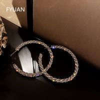 [HOT ZUQIOULZHJWG 517] FYUAN แฟชั่นบิ๊กรอบคริสตัลต่างหูห่วงสำหรับผู้หญิง Bijoux สีเงิน Rhinestone ต่างหูเครื่องประดับชี้แจงพรรค