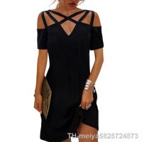 【hot】♟✧  Sexy Club Fashionblack V Neck for Color Shoulder Pullover Short-sleeved Vestidos