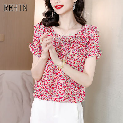 REHIN Women S Top New Summer Style Floral Ruffle Round Neck Short Sleeve Shirt Pullover Plus Size Elegant Blouse