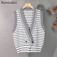 Bornladies 2021 New Spring Autumn Women Sweaters Striped Sleeveless Vest Waistcoat Knitted Vintage Wild Tops Stylish Cardigan