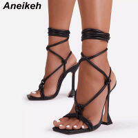 2021Aneikeh Womens Shoes Cross-Tied Head Peep Toe Patchwork Fashion High Heels Wedding Sandalias Mujer NEW 2021 Summer Narrow Band