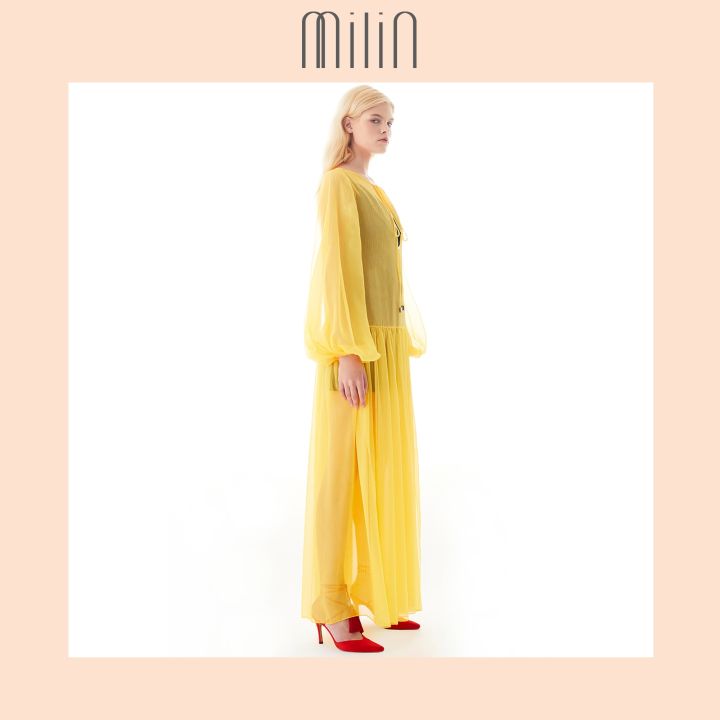 milin-long-balloon-sleeve-chiffon-pullover-dress-with-split-neckline-tight-slit-เดรสผ้าโปร่ง-ชีฟอง-ตัวยาว-แขนบอลลูน-ผ่าสูง-yellow-pink-สีเหลือง-สีชมพู-ru-yi-dress