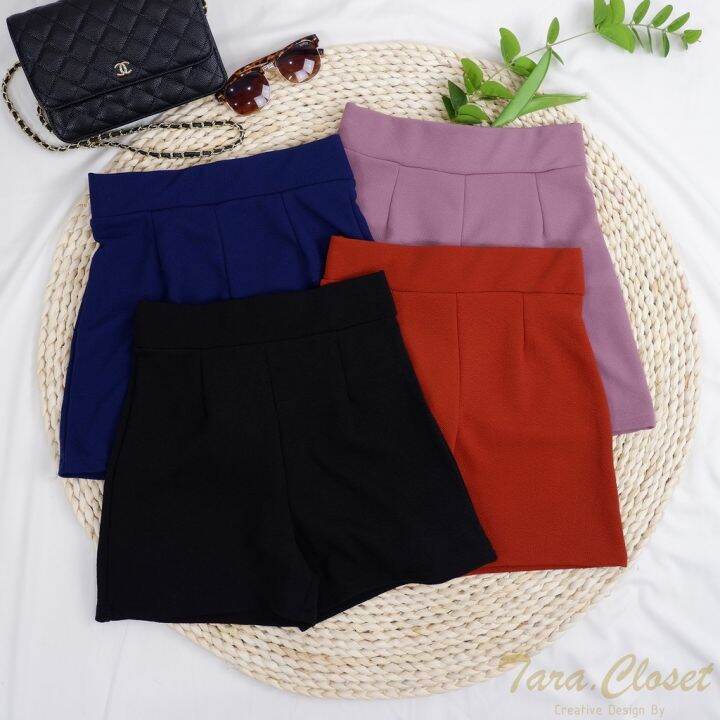 pw001-tara-short-กางเกงขาสั้น-เอวสูง-มีขอบเอว-ตีเกร็ดหน้า-ไม่มีกระเป๋าข้าง-เนื้อผ้าวูลเวฟ-ผ้ายืด-ใส่สบาย