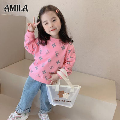AMILA เสื้อสเวตเตอร์เด็กผู้หญิง,เสื้อสเวตเตอร์แขนยาวเกาหลีพิมพ์คอกลม