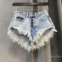 Womens Jean Shorts Summer High Waist Single-Breasted Wide Leg Hot Pants Ripped Fringed Burr Denim Short Femme Ropa Mujer