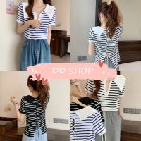 DD SHOPพร้อมส่ง 4920 เสื้อแขนสั้นไหมพรม คอปก ดีเทลลายทาง เชือกรูดหลังสุดเก๋