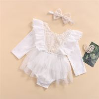 0-18 Months Baby Girls 2Pcs Fall Outfits Sweet White Ruffle Long Sleeve Floral Lace Patchwork Tutu Romper And Headband Set  by Hs2023