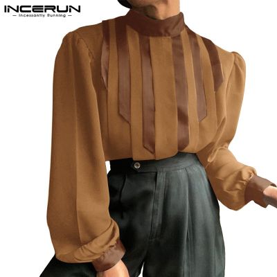 INCERUN Mens Vintage Style Pleated Long Sleeve Solid Color Turtle Neck Shirt