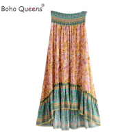 Boho Queens Fashion Vintage Women Beach Bohemian Floral Peacock Print Skirt High Elastic Waist Maxi A-Line Skirts Femme