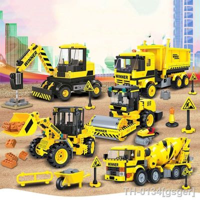 ๑ Caminhões de engenharia escavadeira blocos construção cimento misturador rolo estrada tijolos carregador brinquedos educativos para crianças