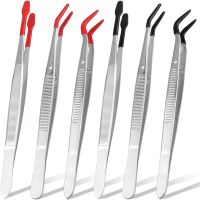 6 Pieces Stainless Steel Tweezers PVC Coated Flat Tip Tweezers Bent &amp; Small Elbow Tweezers Tool Set with Rubber Tips DIY Crafts