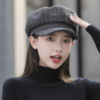 OSF66 ย้อนยุค ฤดูใบไม้ร่วง หญิง Street Style หญิง หมวกศิลปิน ผ้าขนสัตว์ Plaid Beret หมวกผู้หญิง หมวกทรงแปดเหลี่ยม หมวกจิตรกร