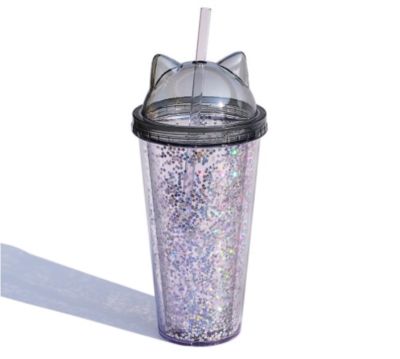 420ml Cat Ear Water Bottle For Girls with Sequins BPA FREE Double wall Tumbler with straw reusable Smoothie Cup Drinkware B88