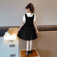 【Ready】? Girls suit 2023 summer new childrens fashion suspenders dress middle and big boys foreign style college style two-piece set