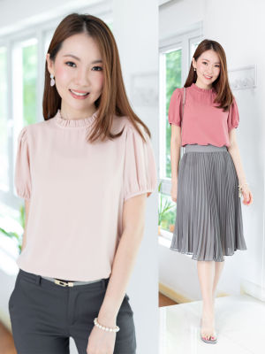 Narinari : MT2710 Ruff Collar Sophie Blouse เสื้อคอจีบ แขนตุ๊กตา สีพื้น