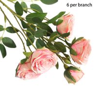 6 Heads Artificial Silky Rose Flowers Fake Green Leaves Vintage Bridal Wddding Bouquet Home Garden Party Decoration W0YA
