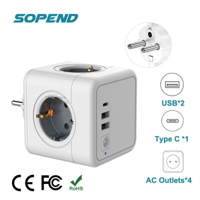 【NEW Popular】 ① พร้อมช่องเสียบ4ช่อง2พอร์ตชาร์จ USB 1 Type C 5V อะแดปเตอร์3.1A Powercubeon/offhome