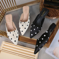 Polka Dot pointy toe mules women pleated slippers sandals summer shoes woman flipflop cover toe low heels slides plus size 34-43