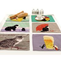 Cartoon Animal Cotton Linen Cloth Art Insulation Food Mat Cute Cat Beer Printing Placemat for Dining Table Drink Coasters Set