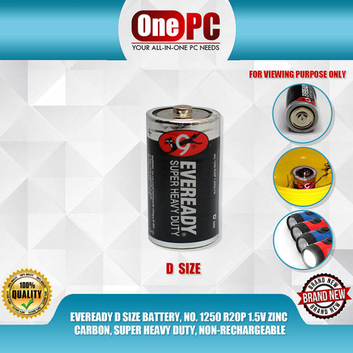 EVEREADY D SIZE BATTERY, NO. 1250 R20P 1.5V ZINC CARBON, SUPER HEAVY
