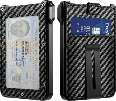ILAOLIU Wallet For Men - Aluminum Slim Minimalist Wallet - Holds up 11 Cards Card Holder with Clear ID Card Holder, RFID Blocking with Cash Clip(Carbon fiber)