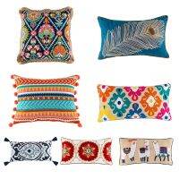 Bohemian Tufted Lumbar Pillow Case Embroidered Alpaca Tassel Cushion Cover Decor