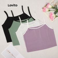 (เซเลปเลือก) Lovito เสื้อครอปสายเดี่ยว ผ้าถัก สีพื้น แฟชั่นสำหรับผู้หญิง L00008 (สีเขียว / ชมพู / ขาว / สีดำ) QC7311513