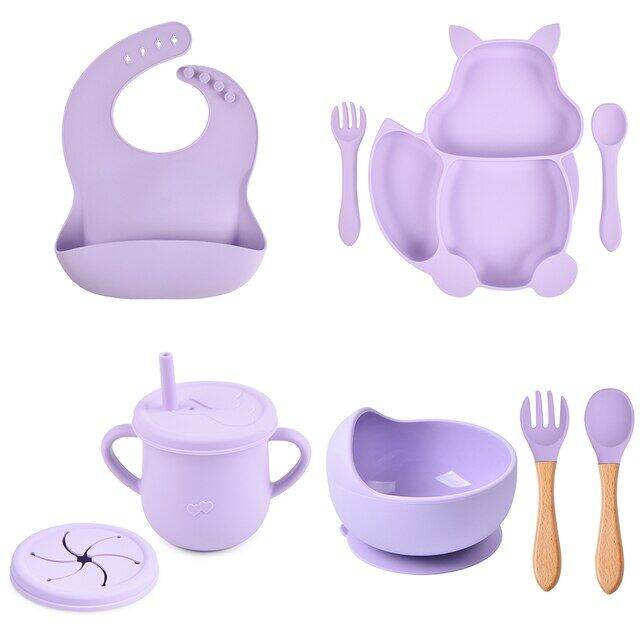 4-6-8pcs-baby-soft-silicone-suction-cup-bowl-dinner-plate-cup-bib-spoon-fork-set-anti-slip-cutlery-for-kids-feeding-dinner-plate