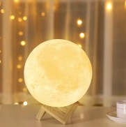Kèm đế gỗ + tặng dây đom đóm Đèn ngủ mặt trăng 3D decor phòng ngủ màu vàng
