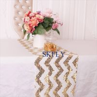 RU018H Birthday party Christmas good quality wedding gold and white chevron sequin table runner