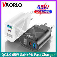 VAORLO ระบบชาร์จเร็ว GaN 65W ของแท้,ประเภท-C PD + USB QC3.0 5V/6.6A 9V/3A 12V/2.75A 20V/1.67A ชาร์จเร็วสำหรับเครื่องชาร์จติดผนังสามารถใส่ได้กับ iPhone IOS Android