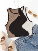 Hot sell Casual Patchwork Rib Knit Tank Top Women Summer High Street Y2K Clothes Color Block Sleeveless O-neck Crop Top Streetwear