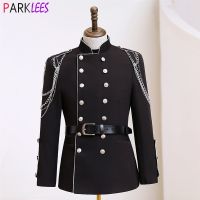 Mens Stand Collar Steampunk Steampunk Blazer Jacket Double Breasted Belt Design Long Jacket Men Stage Prom Cosplay Costume Homme