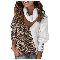 Women Sweaters Knitted Leopard Patchwork Turtleneck Sweaters Pullover Spring Long Lantern Sleeve Loose Jerseys Mujer Invierno