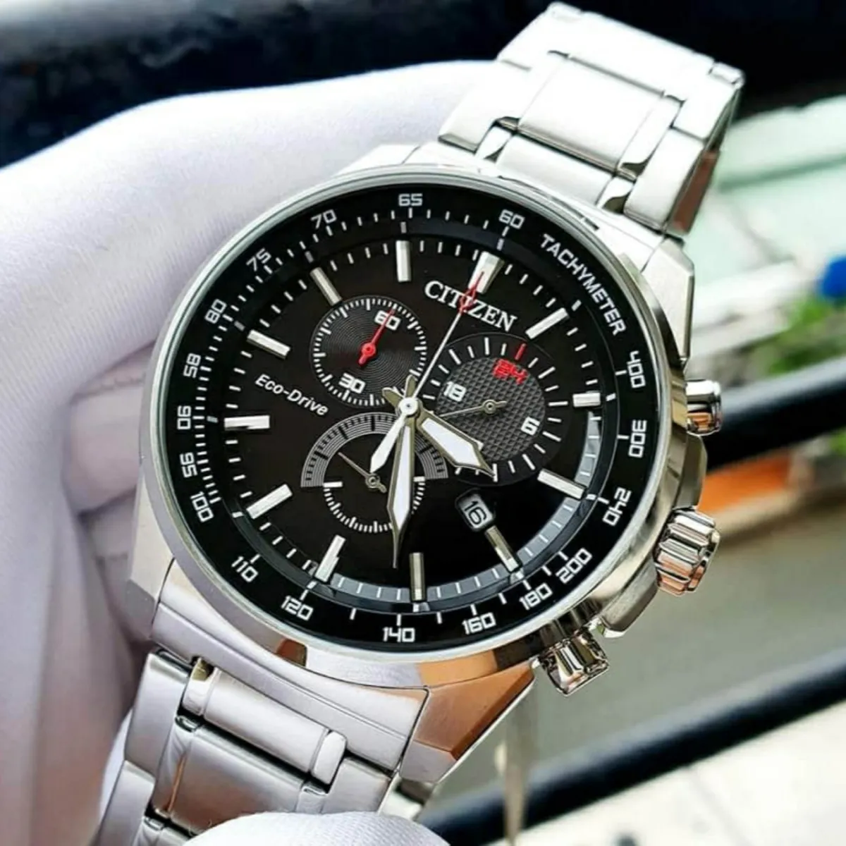 Đồng hồ Nam chính hãng Citizen Chronograph AT2370-55E Eco Drive Size 42,Mặt  đen 6 Kim,Lịch ngày-Năng lượng ánh sáng-Dây kim loại thép cao cấp |  