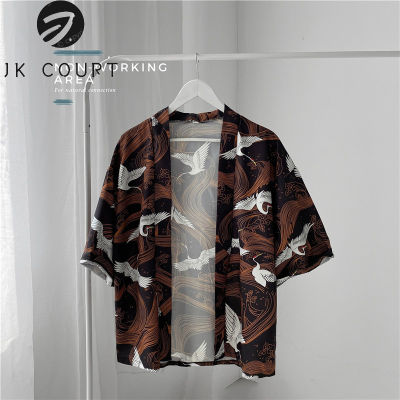 JK Court Chinoiserie เครนแขน3/4 Hanfu แฟชั่นของผู้ชายทรงหลวมเสื้อคาร์ดิแกน Kimono ญี่ปุ่นเสื้อคลุมแบบเต๋าชุดเสื้อคลุมกันแดด