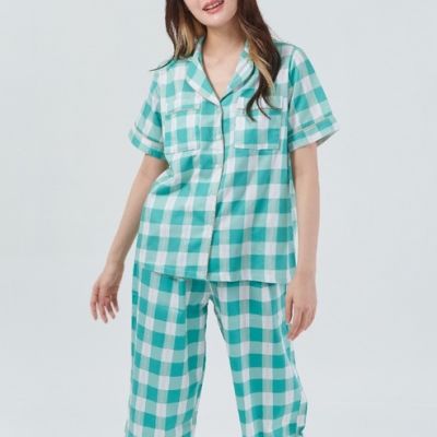 🌟โปรแรง++ ชุดนอน sliptosleep - Green Grids Pants Set คุณภาพดี ชุดนอนลายการ์ตูน