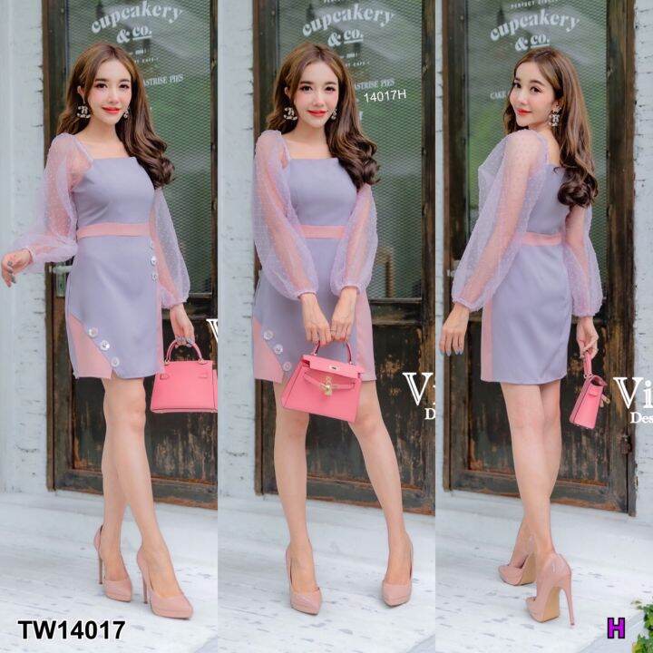 tw14017-dress-เดรสสั้น-แขนยาวผ้าแก้วจุดซีทรูแขนพอง