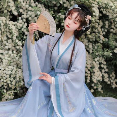 Yourqipao Hanfu ผู้หญิง,ชุดคอสเพลย์ผู้หญิงนางฟ้าไล่ระดับสีฟ้าและชุดเดรสสีเขียวชุดเดรสเต้นรำบนเวทีเย็บปักถักร้อยประเพณีจีน