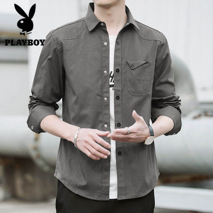 playboy-ฤดูใบไม้ร่วงเสื้อสไตล์ใหม่ผู้ชายแขนยาวผ้าฝ้ายบางพอดีกองทัพทั้งหมดจับคู่เสื้อผู้ชาย