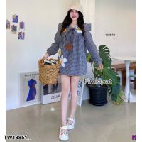 J18851 มินิเดรสคอปกผูกโบว์ ลายสก็อต Collared mini dress with bow tie in plaid pattern