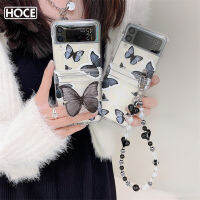 HOCE เคสโทรศัพท์ผีเสื้อน่ารักสำหรับ Samsung Galaxy Z พลิก4พลิก3กับโซ่มือผีเสื้อน่ารักที่วางยืนสำหรับ ZFlip3บานพับ ZFlip4เคสป้องกัน