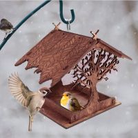 Vintage Bird Feeder Hanging For Pet Feeder Garden Yard Decoration Shaped With Roof Birch Plywood Outside Garden Decoration Automatic Feeders