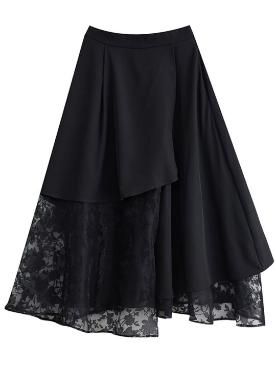 xitao-skirt-black-asymmetrical-gauze-patchwork-skirt